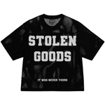STOLEN MESH JERSEY in black with bold white 'STOLEN GOODS' text and 'IT WAS NEVER YOURS' slogan, part of THE COLLEC's limited release apparel.