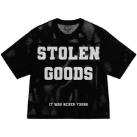 STOLEN MESH JERSEY in black with bold white 'STOLEN GOODS' text and 'IT WAS NEVER YOURS' slogan, part of THE COLLEC's limited release apparel.
