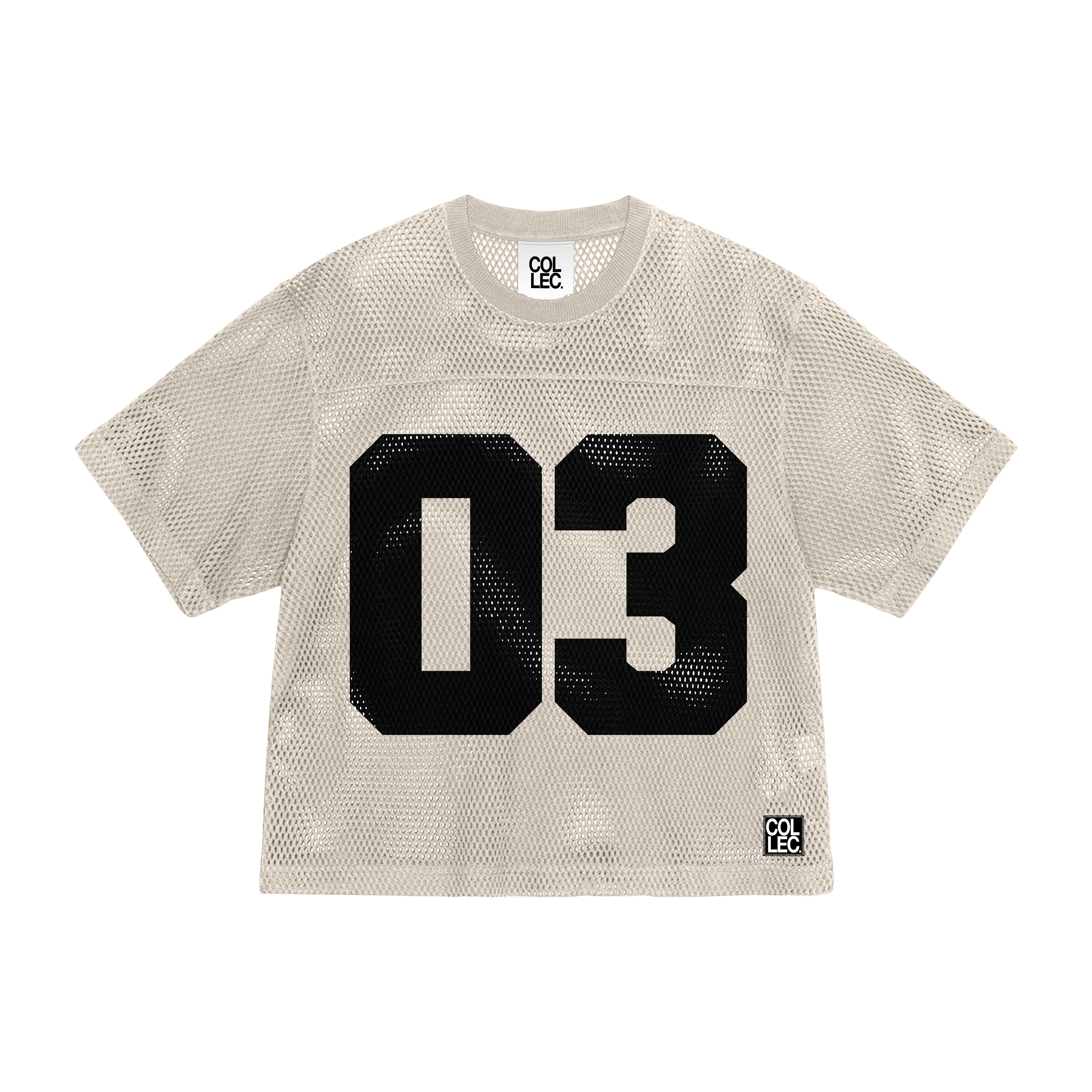 STOLEN MESH JERSEY in beige mesh fabric with bold black '03' print on front, part of THE COLLEC's limited 'STOLEN GOODS' apparel collection.