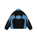 The COLLEC Signature '3' Sherpa Fleece Jacket in black and blue with bold vintage design and plush texture, ideal for cozy activewear fashion.
